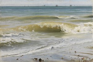 Olas rompiendo con barcos distantes de Johann Wilhelm Schirmer